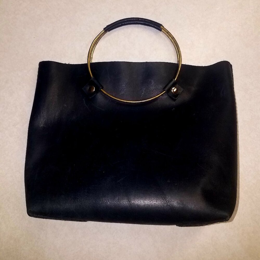 Tribe Alive Black Leather Mini Satchel Handbag With Metal Hoop Handles